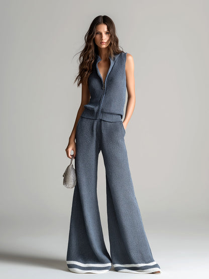 Chic Elegant Gray Stand Collar Zipper-Placket Vest Top Loose-Fit Contrast Stripes Wide-Leg Pants Ribbed Knit Two-Piece Set