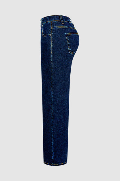 Wash Studded Mid Waist Straight Leg Jeans Without Belt