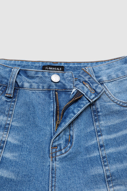 Wash Button Decor Mid Waist Barrel Leg Capri Jeans