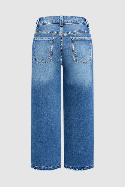 Wash Raw Hem Split Mid Waist Wide Leg Cropped Jeans Without Belt