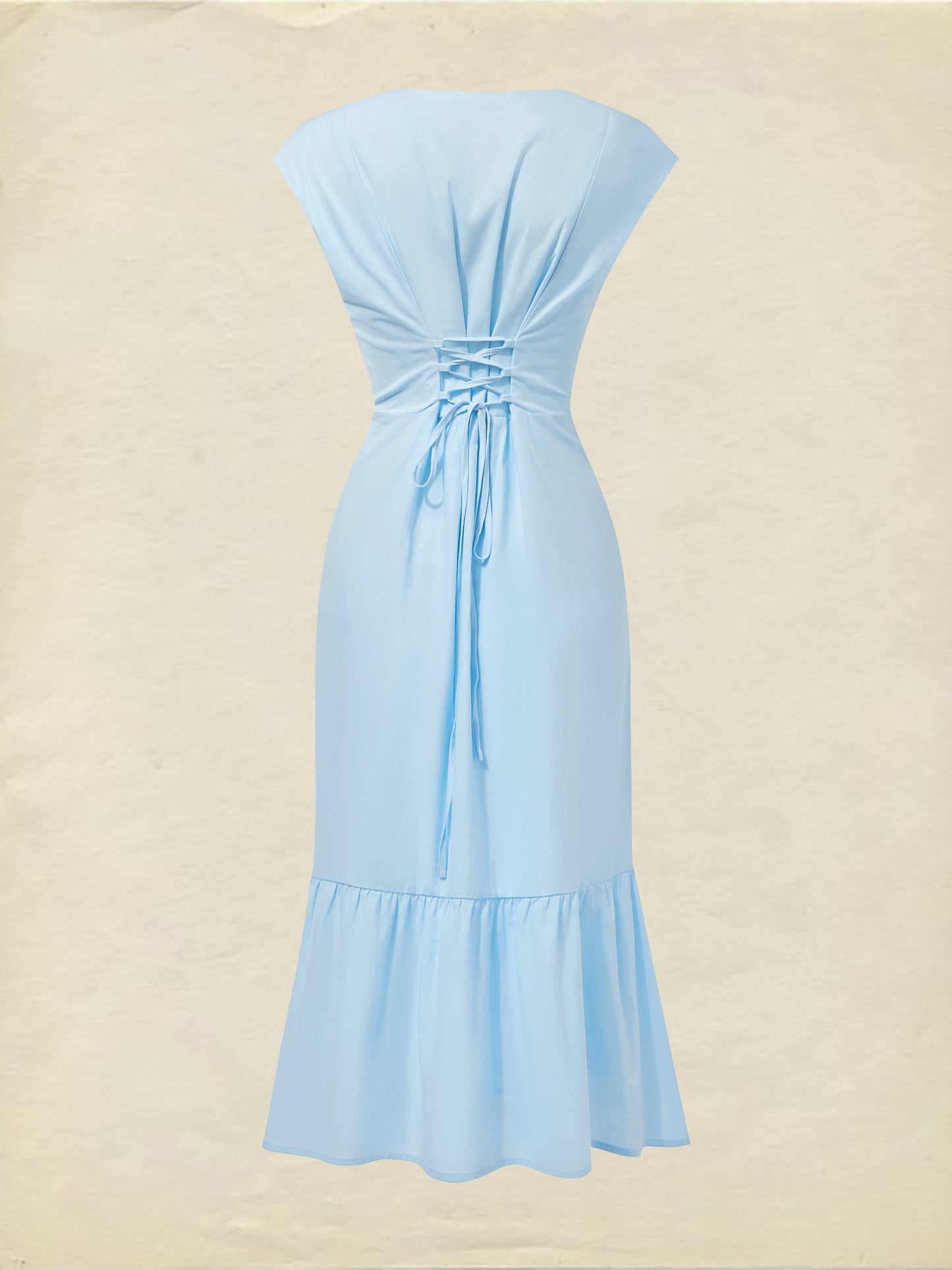 Robe midi en lin, Col ras du cou, Manches courtes, Boutonnée, Style champêtre, Mélange de lin, Bleue