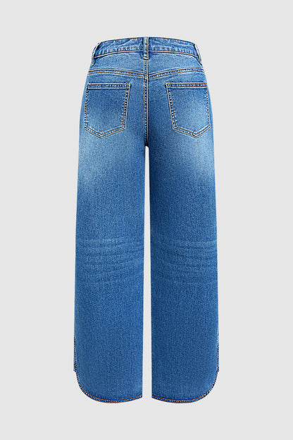 Wash Seam Side Split Hem High Rise Wide Leg Jeans