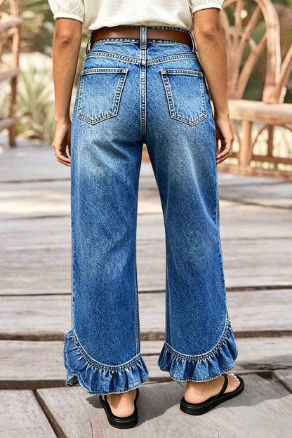 Wash Ruffle Split Hem High Waist Wide Leg Jeans Without Belt