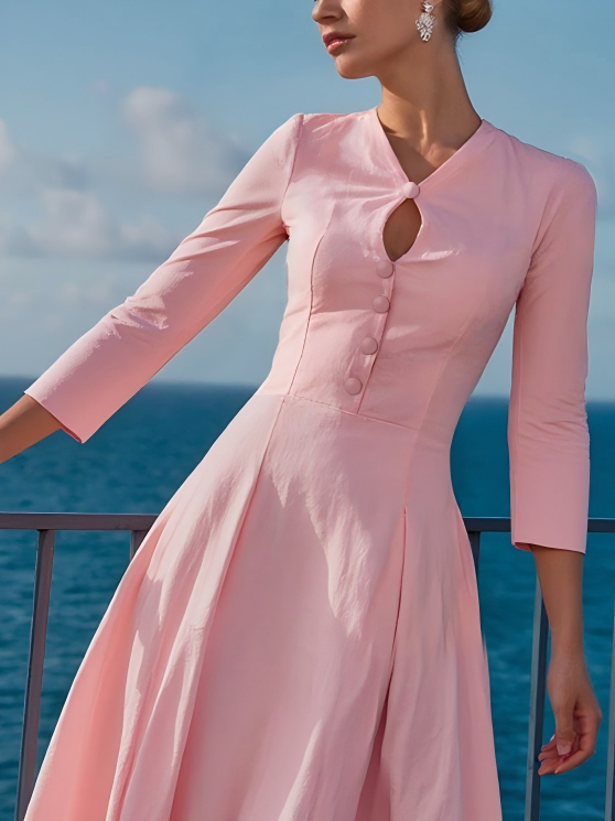 Robe midi en coton, manches courtes, col en V, unie, boutons décoratifs, style vintage français, rose