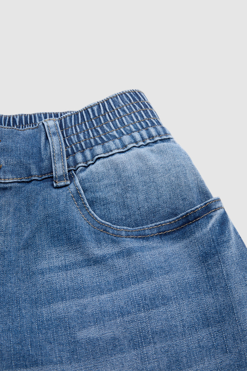 Wash Button Tab Elastic Mid Rise Straight Leg Capri Jeans