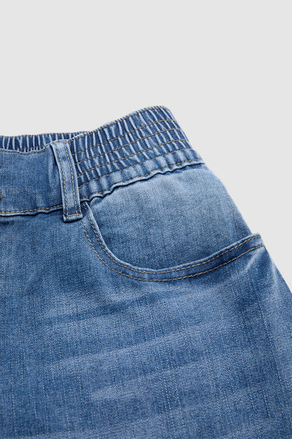 Wash Button Tab Elastic Mid Rise Straight Leg Capri Jeans