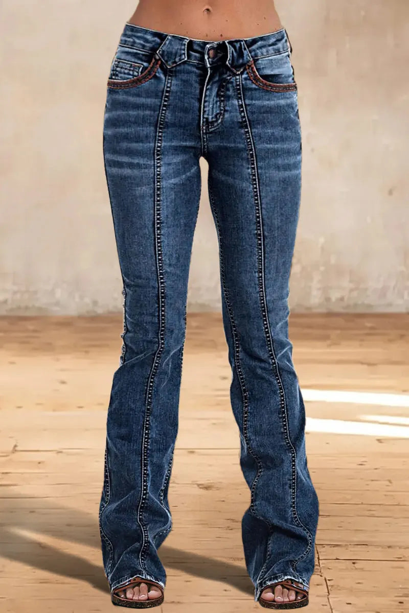 Wash Contrast Stitch Low Waist Bootcut Jeans