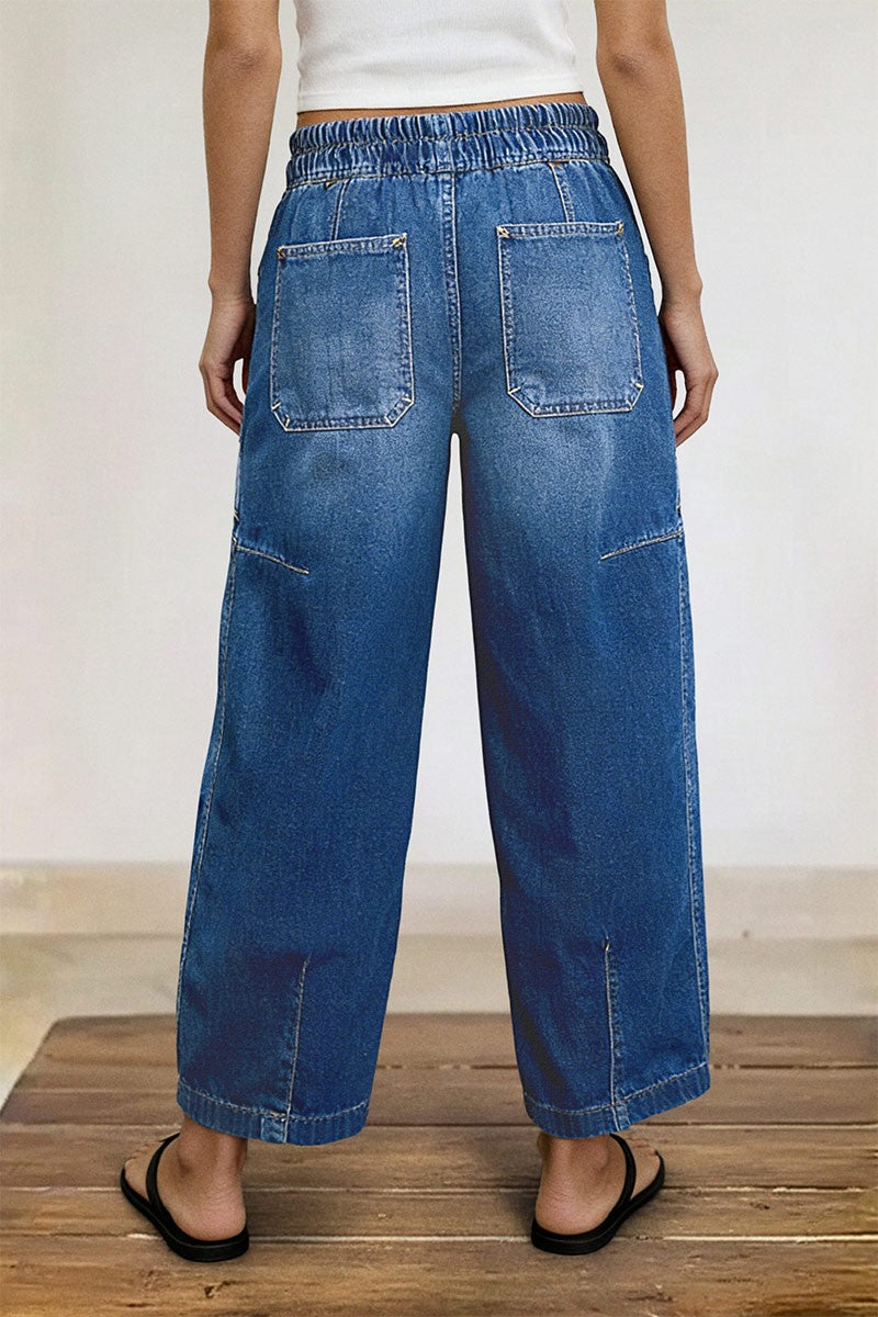 Drawstring Patched Pocket High Waist Barrel Leg Crop Jeans