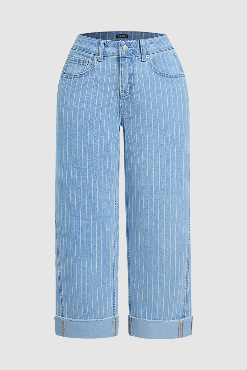 Striped Roll Hem Seam Front Mid Rise Straight Leg Crop Jeans Without Belt