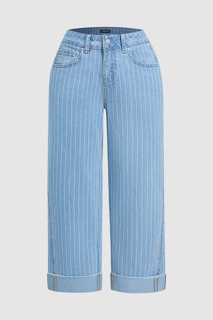 Striped Roll Hem Seam Front Mid Rise Straight Leg Crop Jeans Without Belt