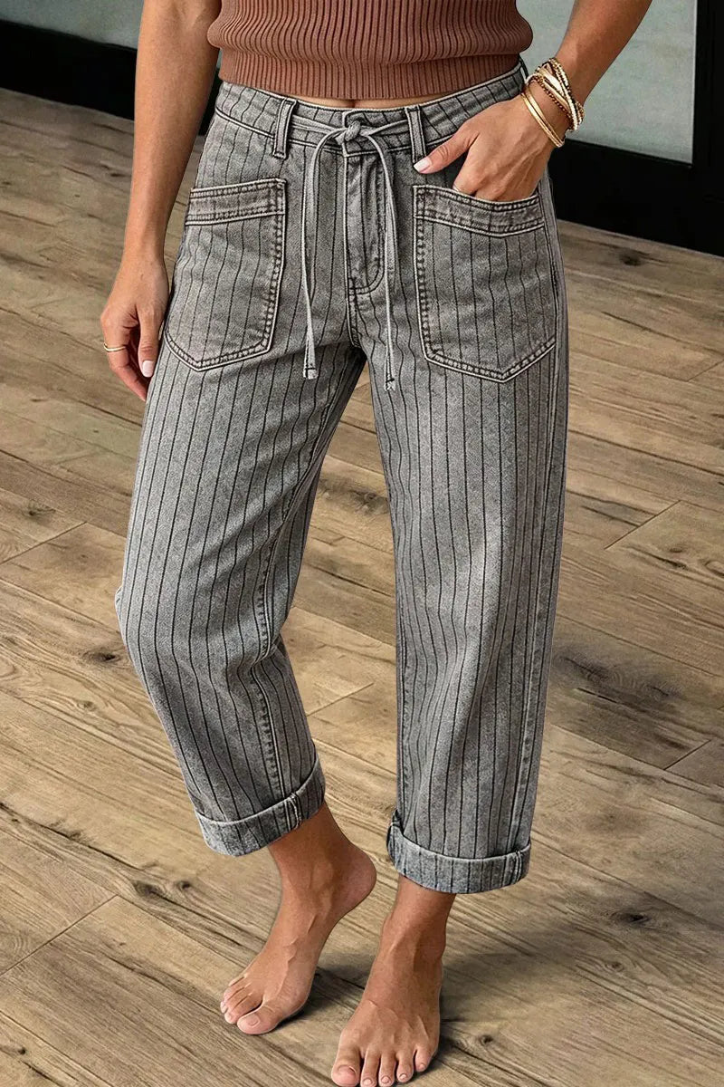 Striped Roll Hem Drawstring Mid Waist Straight Leg Cropped Pants