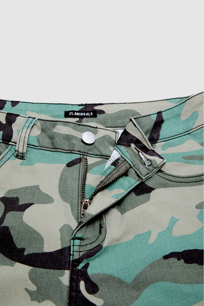 Camo Pattern Split Mid Waist Wide Leg Crop Pants Without Belt