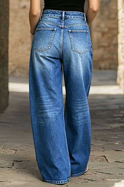 Wash Eyelet Decor High Rise Wide Leg Jeans
