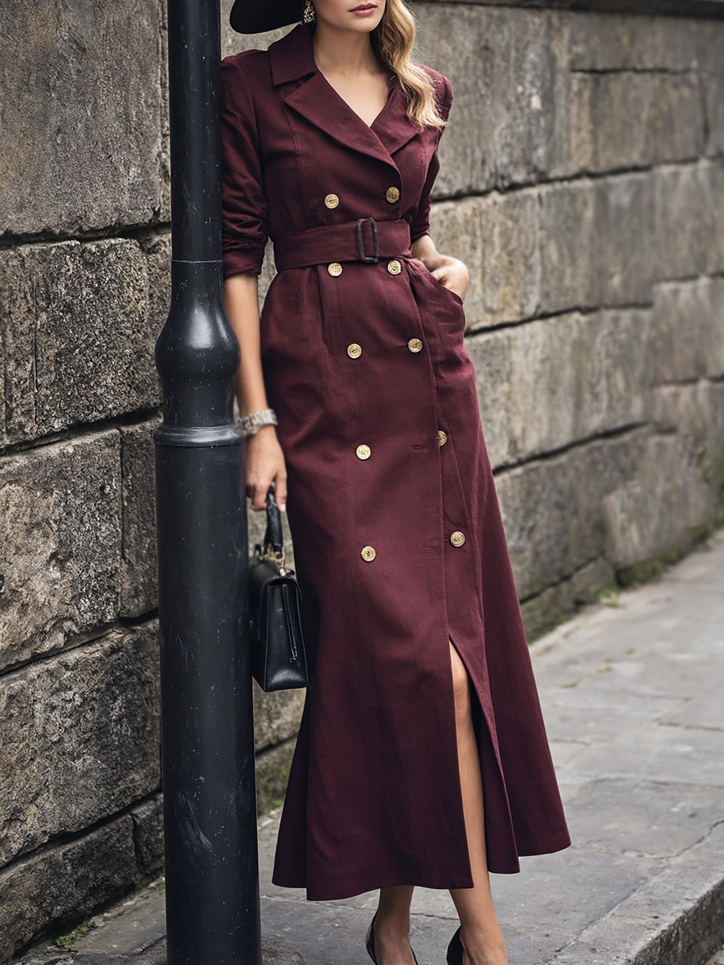 Trench-coat long en coton, manches longues, col à revers, uni, boutons décoratifs, vintage, rouge lie-de-vin