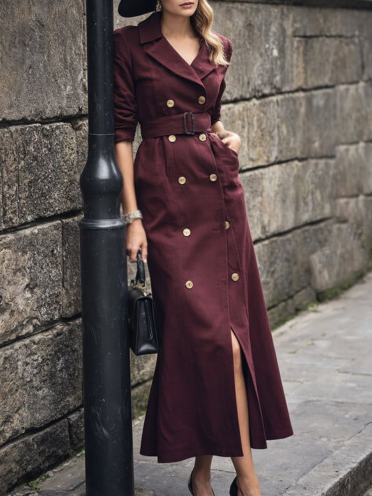 Trench-coat long en coton, manches longues, col à revers, uni, boutons décoratifs, vintage, rouge lie-de-vin