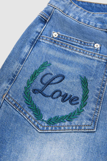 Valentine's Day Pattern Embroidered Patch Pocket Mid Rise Straight Leg Jeans Without Belt