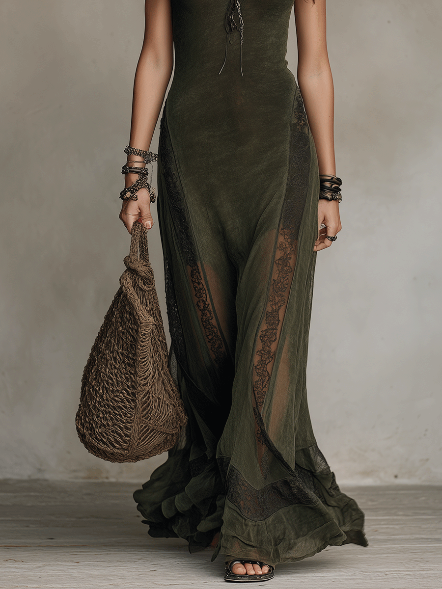 Robe longue bohème élégante en voile et dentelle vert olive