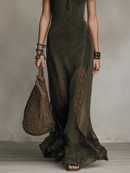 Robe longue bohème élégante en voile et dentelle vert olive