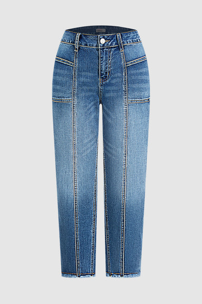 Wash Raw Hem Stitch Detail Mid Waist Straight Leg Cropped Jeans