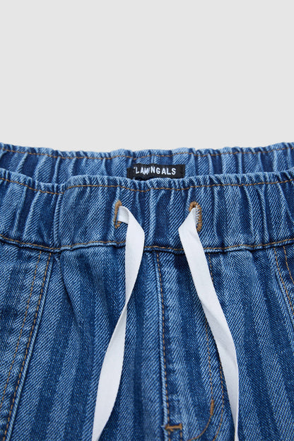 Striped Drawstring Elastic High Rise Denim Bermuda Shorts