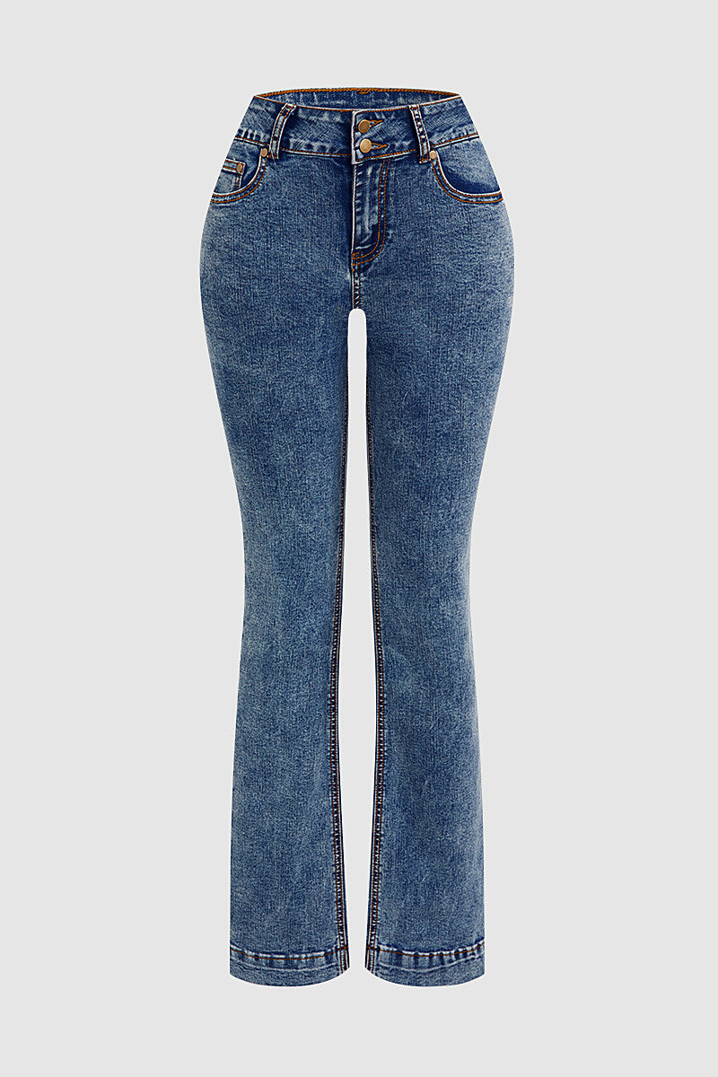 Double Button Stitch Detail High Waist Bootcut Jeans