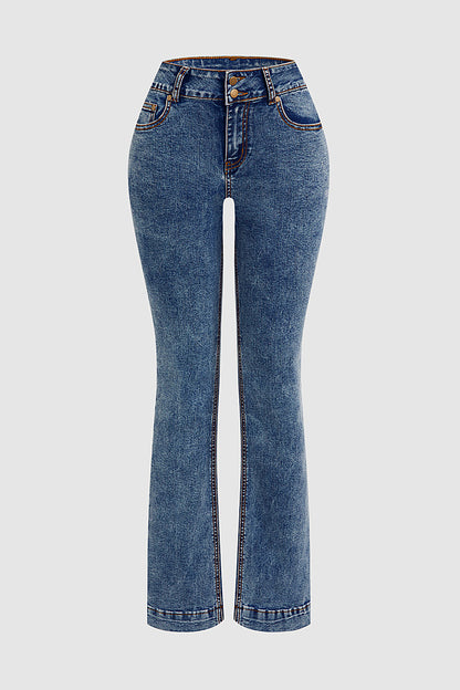 Double Button Stitch Detail High Waist Bootcut Jeans