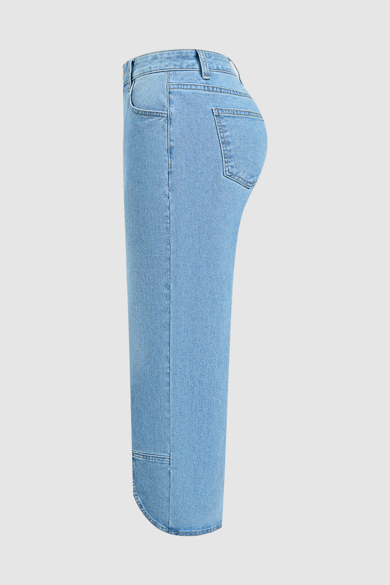 Wash Split Hem Mid Rise Wide Leg Crop Jeans