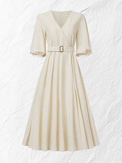 Robe longue en coton, manches ballon, col en V, unie, avec ceinture, vintage, kaki