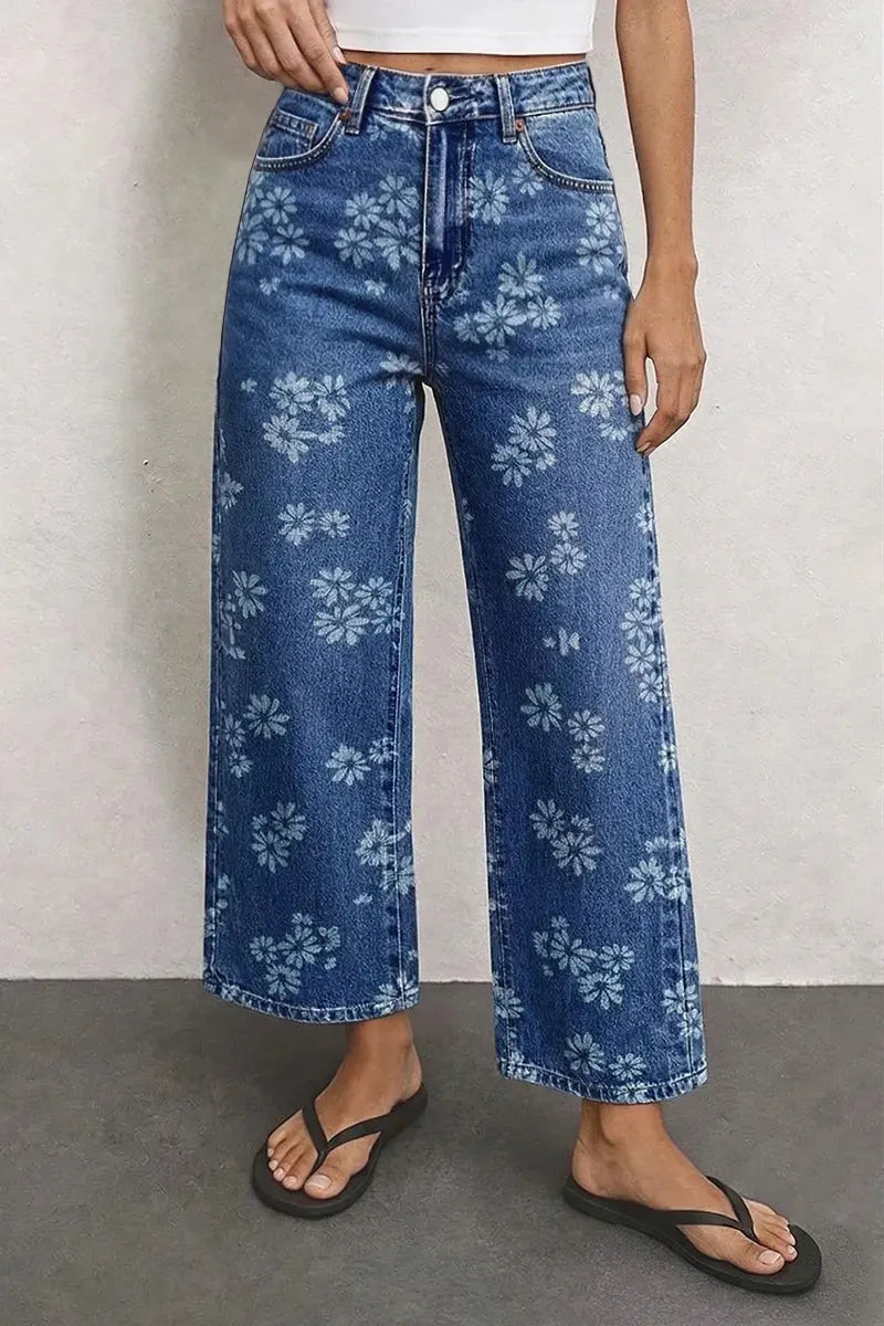 Allover Floral Pattern Straight Leg High Rise Crop Jeans