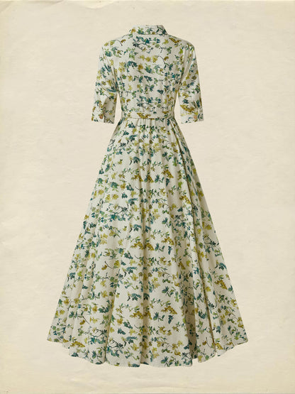 Robe longue en lin, Manches courtes, Col châle, Imprimé floral, Boutonnée, Vintage, Beige