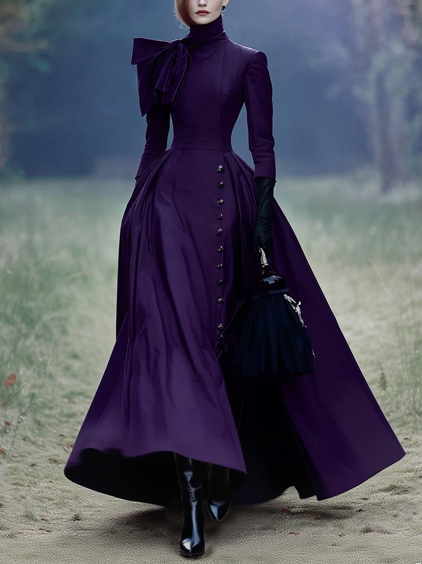 Robe longue en coton, Manches Mi-longues, Col Roulé, Unie, Boutonnée, Vintage, Violet Foncé, Halloween