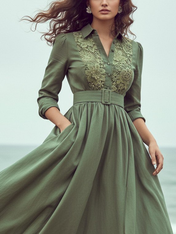 Robe longue en lin, manches longues, col châle, unie, dentelle, vacances, vintage, verte