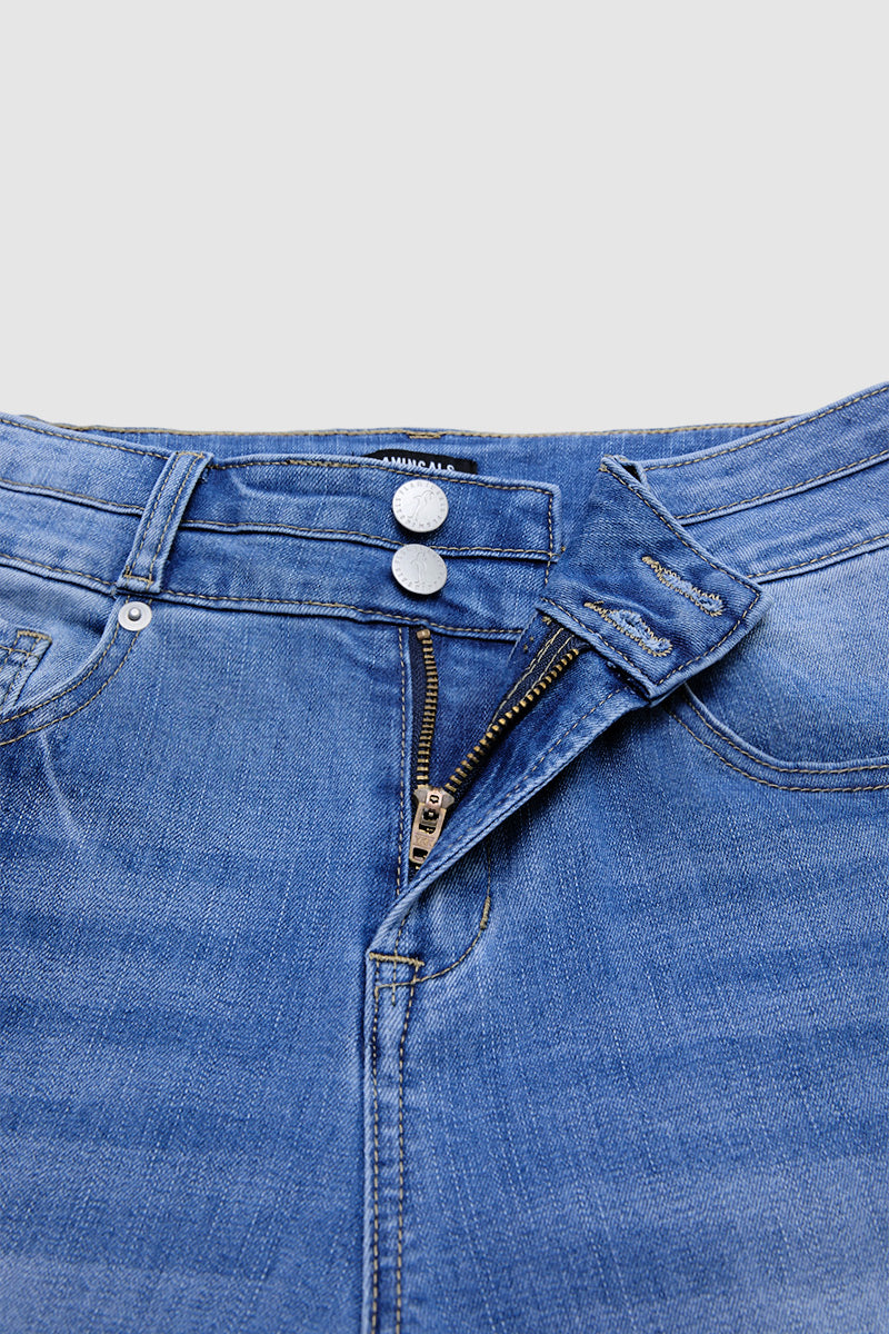 Wash Raw Hem Dual Button Mid Waist Bootcut Jeans