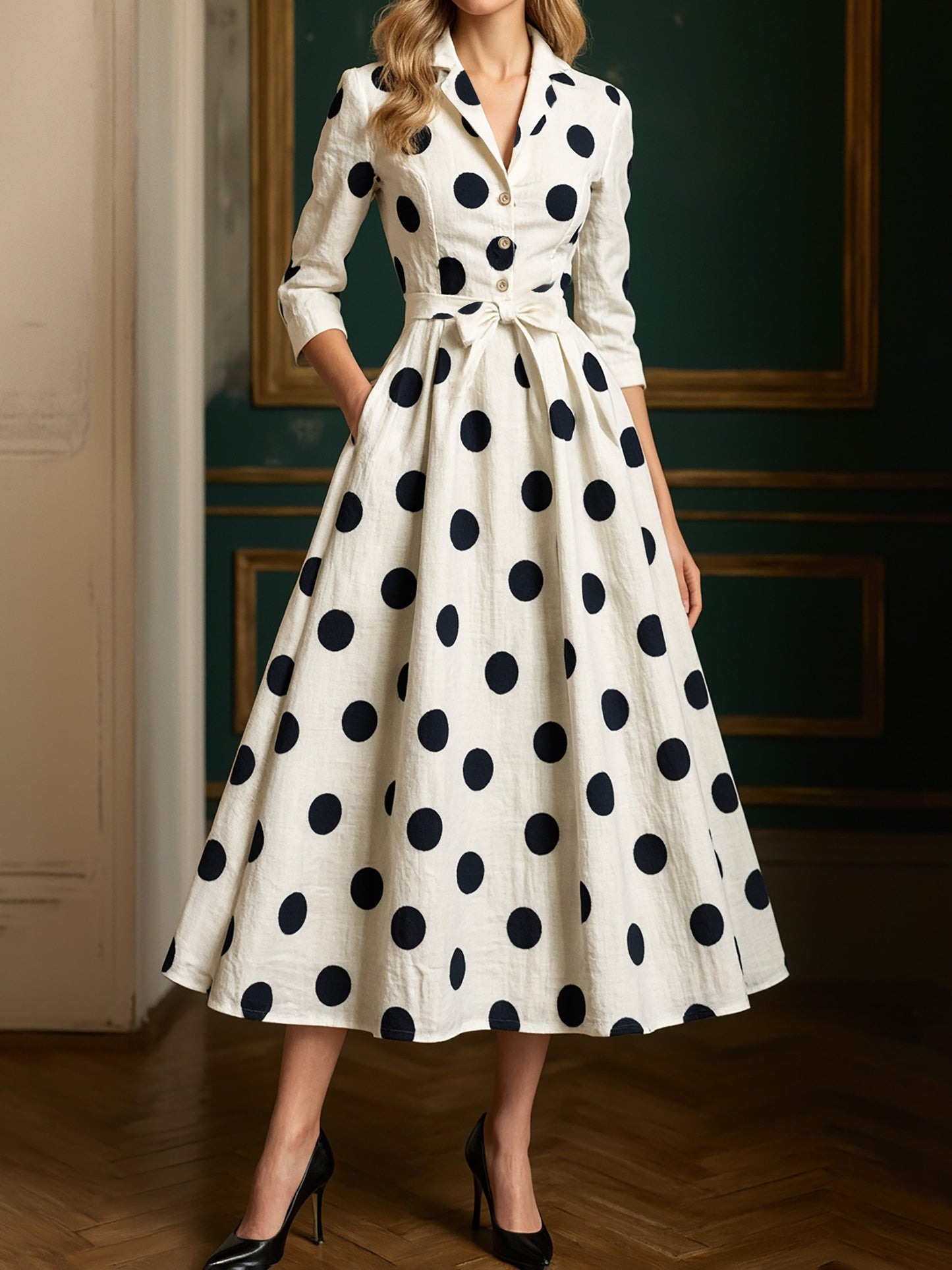 Robe midi en coton, manches mi-longues, col châle, à pois, boutonnée, style vintage français, blanche