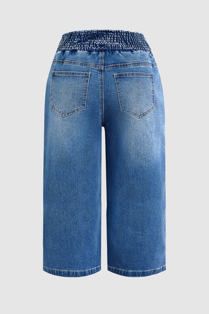 Stitch Detail Shirred High Waist Wide Leg Capri Jeans
