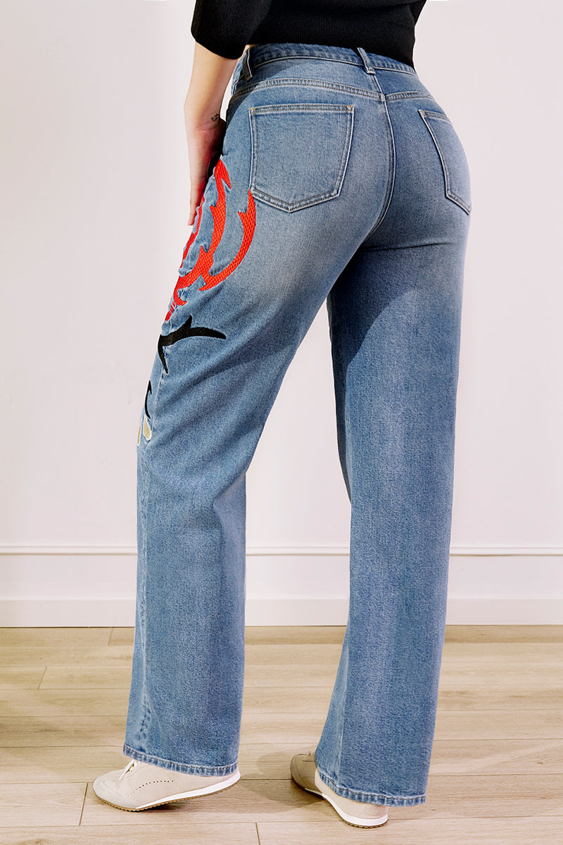 Wash Artistic Embroidery Dual Button Wrap Mid Waist Straight Leg Jeans