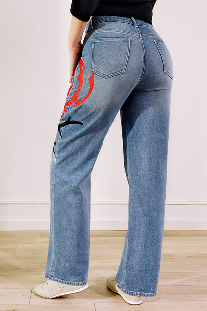 Wash Artistic Embroidery Dual Button Wrap Mid Waist Straight Leg Jeans