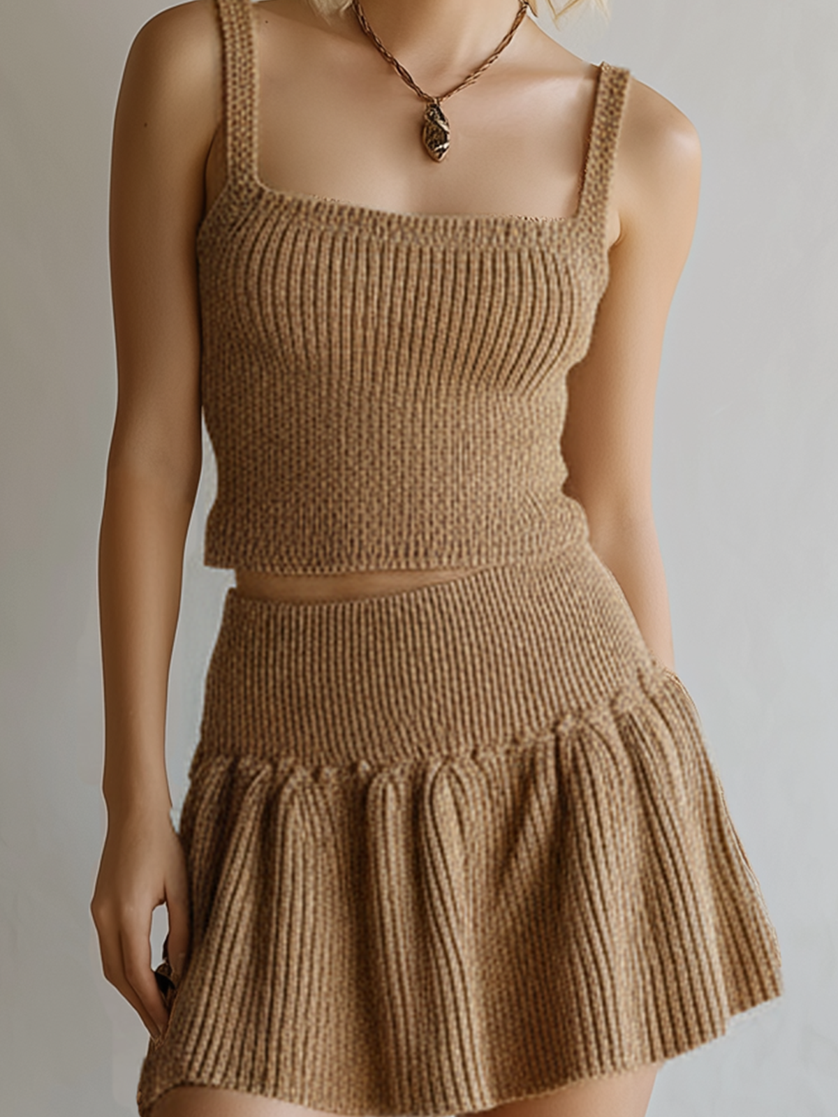 Chic Casual Camel Square Neck Sleeveless Tank Top Mini Skirt Knit Two-Piece Set