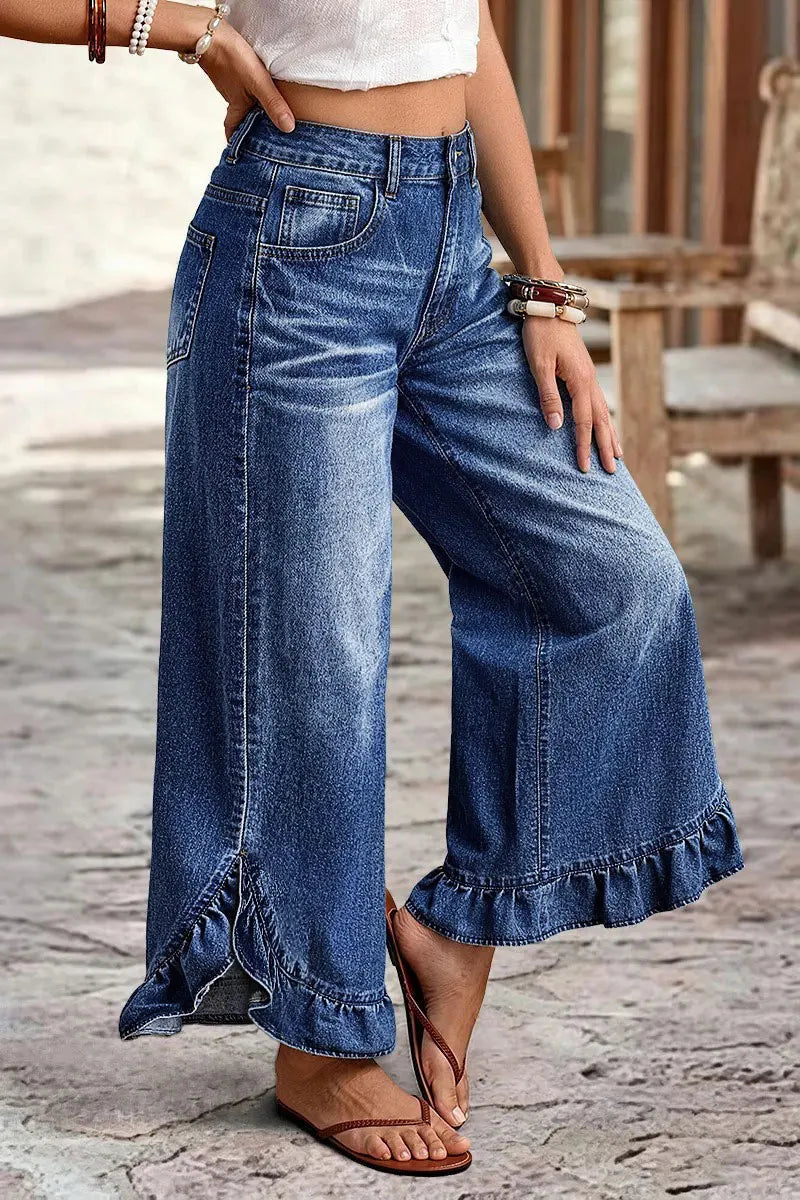 Wash Ruffle Hem Split Mid Waist Wide Leg Jeans