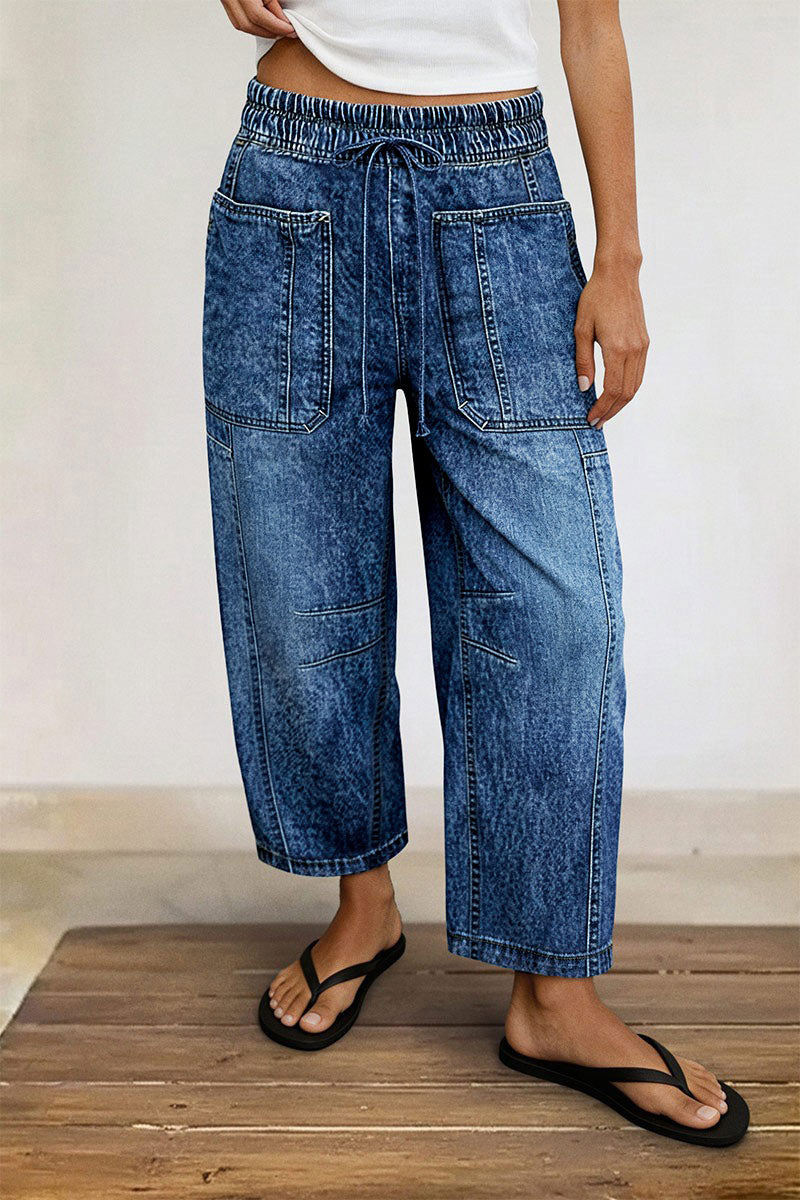 Drawstring Patched Pocket High Waist Barrel Leg Crop Jeans
