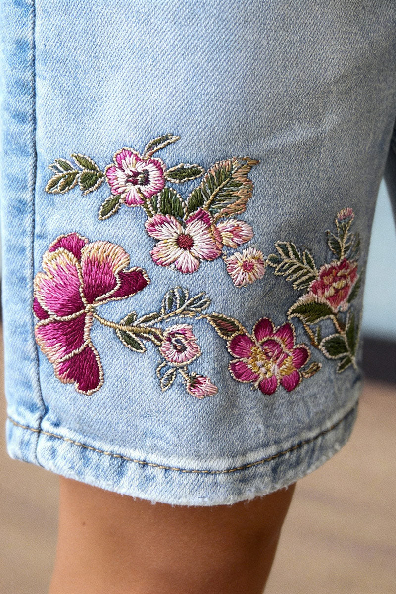 Wash Floral Embroidery High Waist Denim Bermuda Shorts