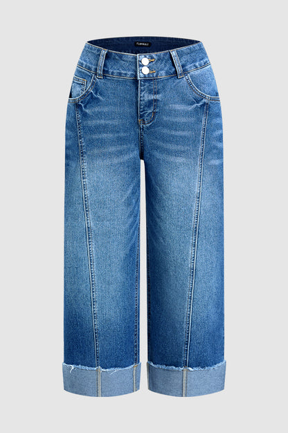 Raw Hem Stitch Detail Mid Waist Straight Leg Crop Jeans