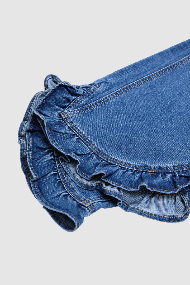 Wash Ruffle Hem Patch Pocket Mid Waist Straight Leg Jeans Without Belt