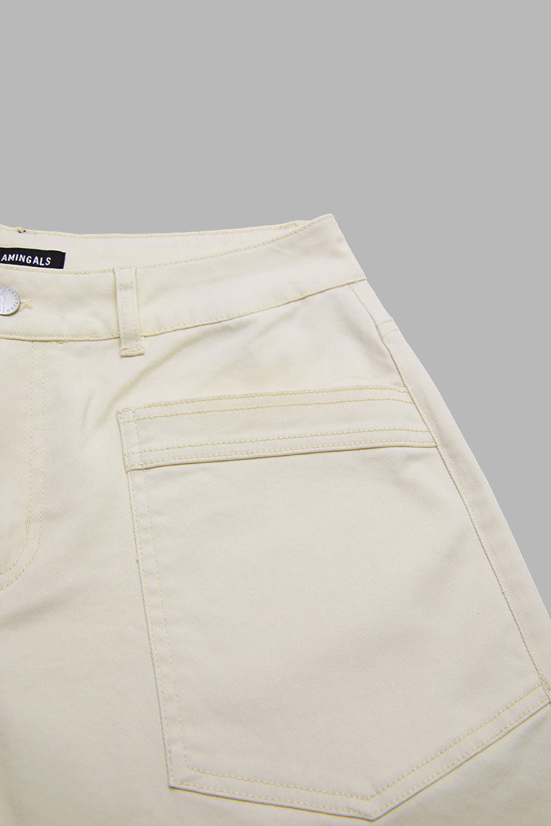 Solid Patch Pocket Ruffle Hem Mid Waist Wide Leg Pants