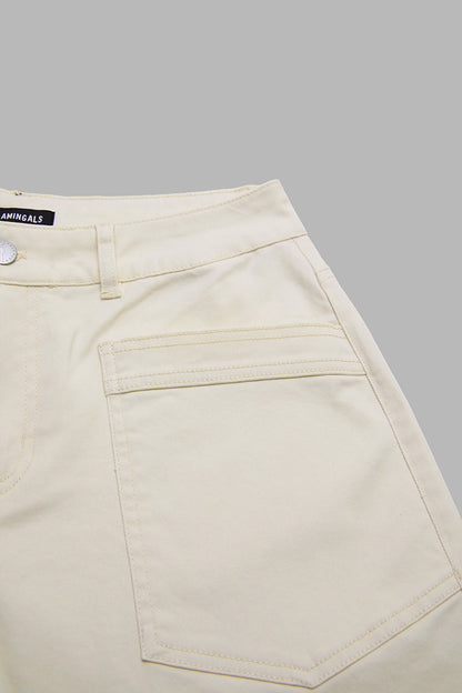 Solid Patch Pocket Ruffle Hem Mid Waist Wide Leg Pants