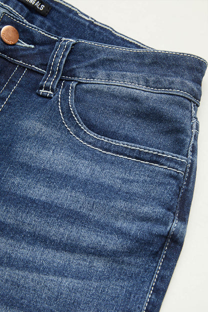 Wash Mid Waist Buttoned Hem Bootcut Jeans Without Belt