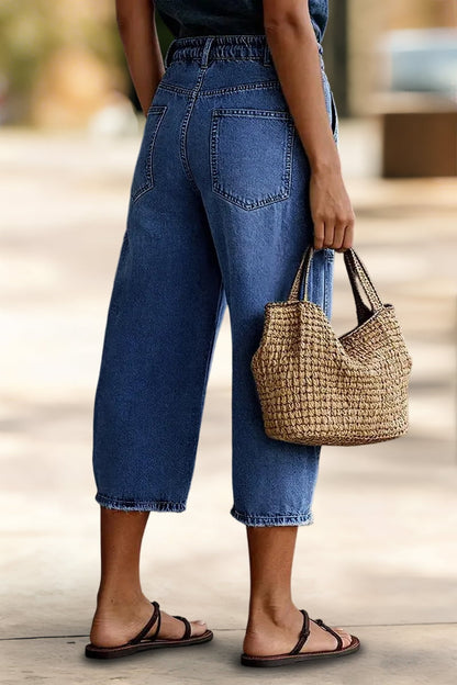 Raw Hem Drawstring Mid Waist Barrel Leg Capri Jeans