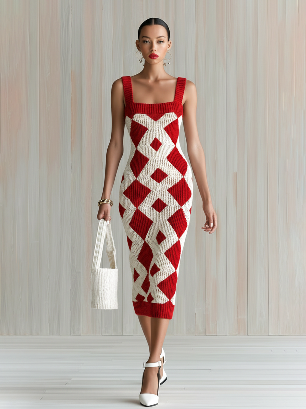 Chic Elegant Red-White Geometric Jacquard Strappy Sleeveless Slim-Fit Ribbed Knit Midi Dress