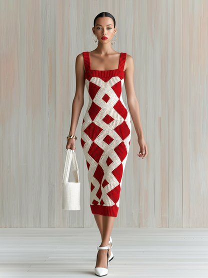 Chic Elegant Red-White Geometric Jacquard Strappy Sleeveless Slim-Fit Ribbed Knit Midi Dress