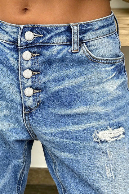 Wash Ripped Roll Hem Button Fly Mid Rise Straight Leg Crop Jeans